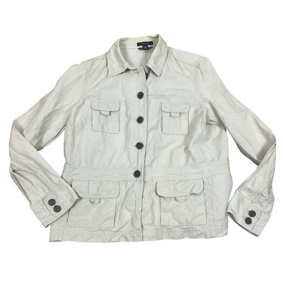 Vtg Lands End Linen Blend Jacket Womens Petite Sz S-M Safari Cargo Utility Tan - Picture 1 of 16